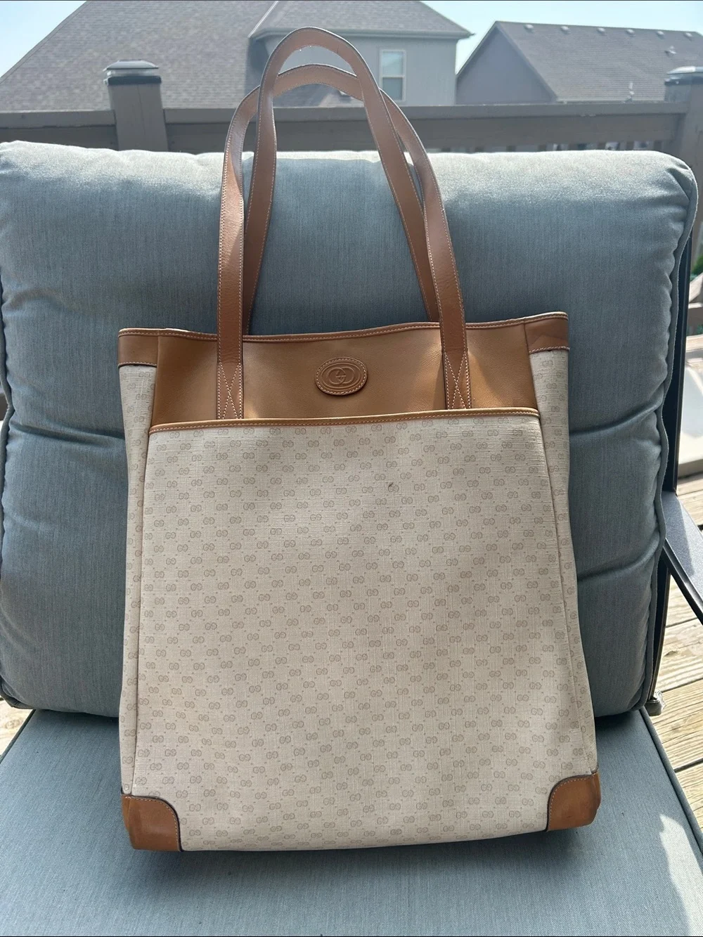 Vintage Gucci Tan and Cream  Canvas Tote Bag with Leather Trim